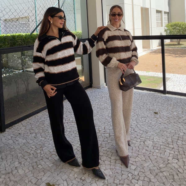 Conjunto Tricot Feminino Blusa Polo Listrada Zíper e Calça - Preto