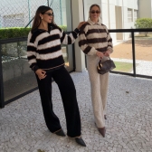 Conjunto Tricot Feminino Blusa Polo Listrada Zíper e Calça - Preto