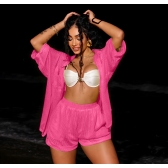 Cj Saída De Praia De Renda Blusa Manga 3/4 e Short - Pink