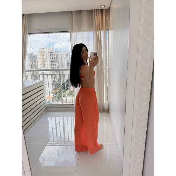 Blusa E Calça Em Tecido Leve  Saída De Praia Lisa - Laranja