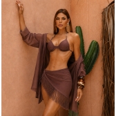 Conj Saída De Praia Chemise Manga Longa E Saia Franja Resort - Marrom