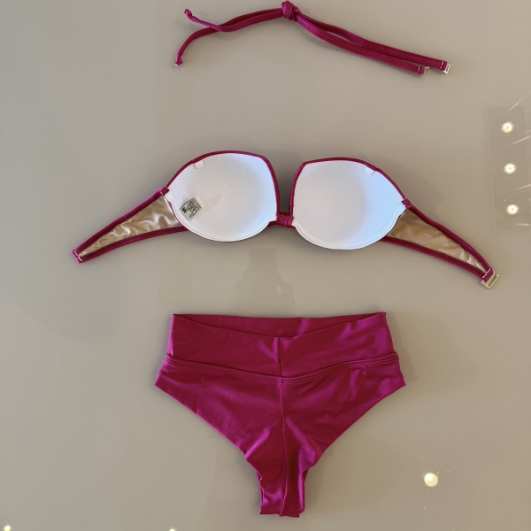 Kit 3 Itens Biquini Cintura Alta Top 2 Em 1 Bojo Estruturado - Fúscia