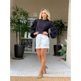 Blusa de Tricot Trança Em V Com Manga Bufantes - Preta