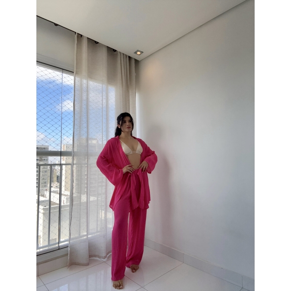 Blusa E Calça Em Tecido Leve  Saída De Praia Lisa - Pink