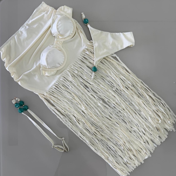 Triquini Saia Franja Longa Top E Calcinha Com Pedraria - Off White