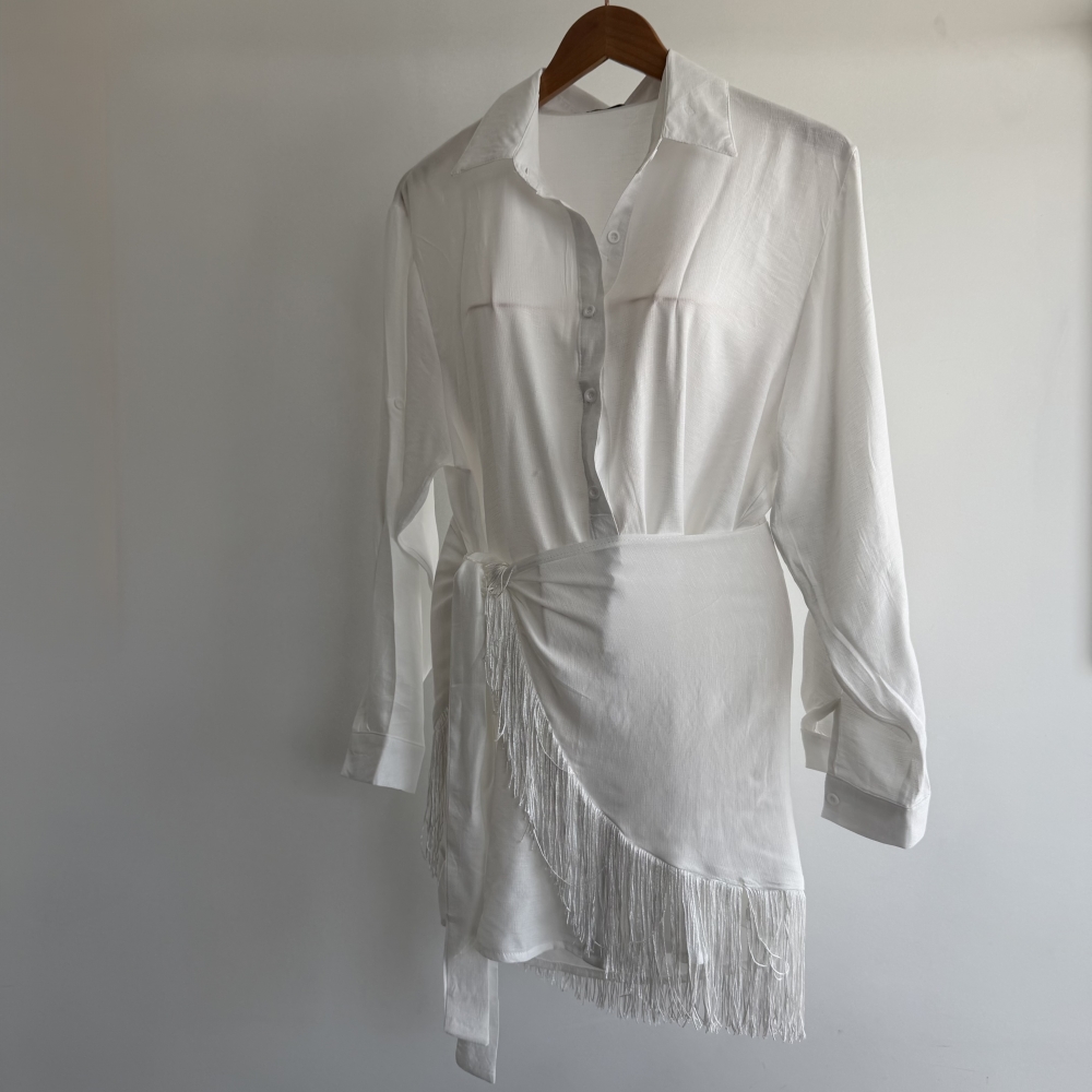 Conj Saída De Praia Chemise Manga Longa E Saia Franja Resort - Champanhe