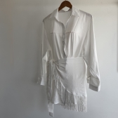 Conj Saída De Praia Chemise Manga Longa E Saia Franja Resort - Champanhe
