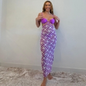 Kit Biquini e Saída Estampa Gráfica Detalhe Metal No Top - Roxo