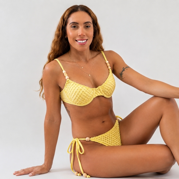 Biquíni Meia Taça Trama Rendada E Calcinha De Amarrar - Amarelo