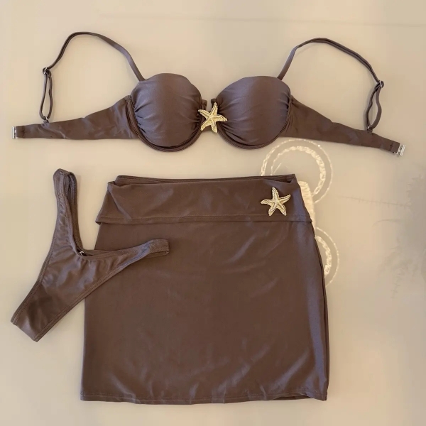 Kit 3 Pçs Biquíni Estrela Dourada E Calcinha Asa Delta e Saia - Café