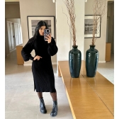 Vestido De Tricot Graça Canelado Midi Com Fendas - Preto