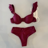Biquíni Hot Pants De Babado Meia Taça Calcinha Fio Duplo - Vinho