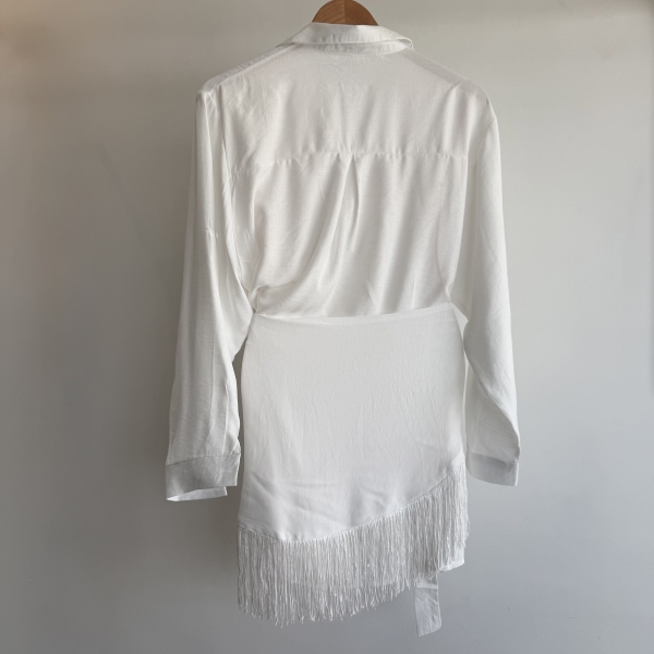 Conj Saída De Praia Chemise Manga Longa E Saia Franja Resort - Champanhe