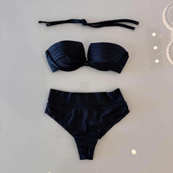 Kit 3 Itens Biquini Cintura Alta Top 2 Em 1 Bojo Estruturado - Preto