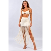 Triquini Saia Franja Longa Top E Calcinha Com Pedraria - Off White