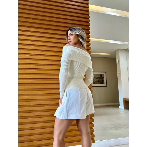 Blusa Tricot Modal Com Decote Ombro A Ombro - Off