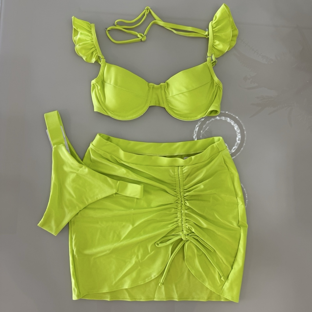 Kit 03 Peças Biquíni De Babado + (Saia Saída de Praia Tam Único) - Verde Lima