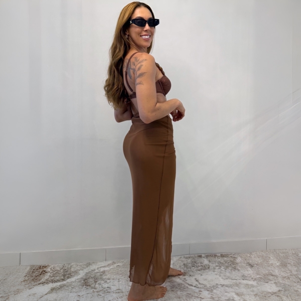 Kit Biquini Com Detalhe e Saia Pareô Transparente Cruzada - Marrom