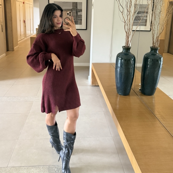 Vestido De Tricot Mousse Curto Com Fenda - Vinho