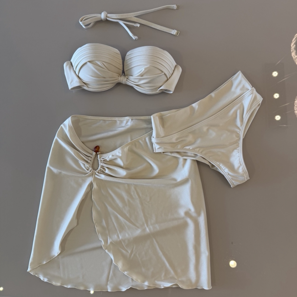 Kit 3 Itens Biquini Cintura Alta Top 2 Em 1 Bojo Estruturado - Off