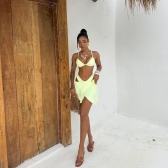 Kit Biq Top Fixo Calcinha Asa Delta Textura De Conchas+saia - Amarelo Claro