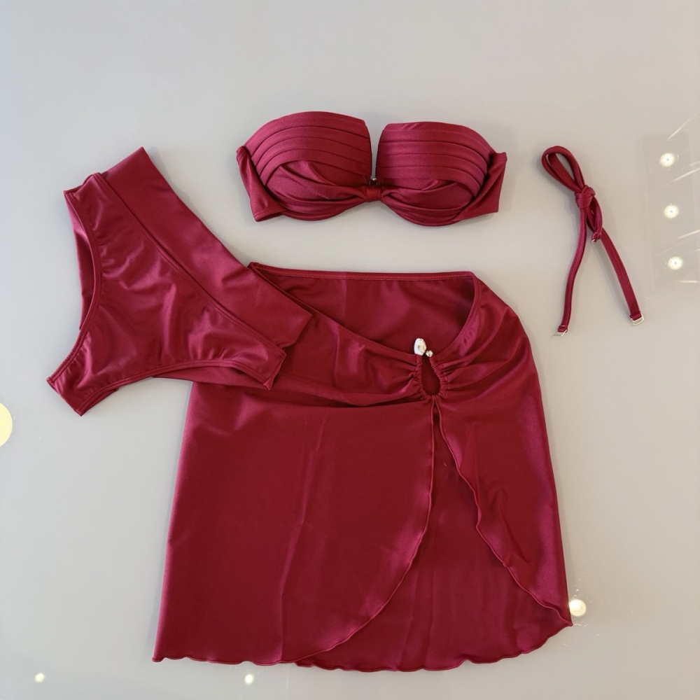 Kit 3 Itens Biquini Cintura Alta Top 2 Em 1 Bojo Estruturado - Bordô