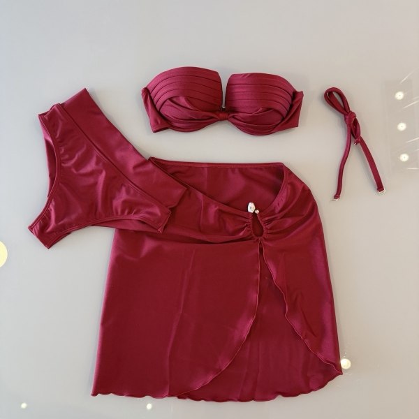 Kit 3 Itens Biquini Cintura Alta Top 2 Em 1 Bojo Estruturado - Bordô