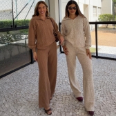 Conjunto Tricot Mousse Blusa Gola Polo Botões e Calça - Caramelo