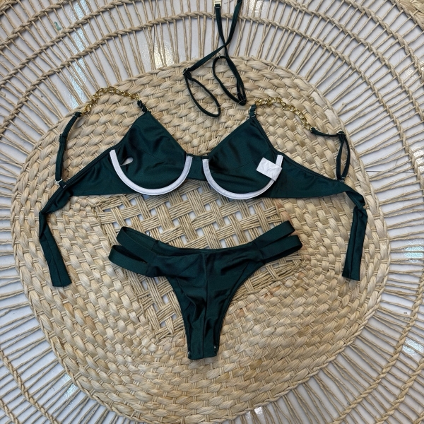 Biquíni  com Duas Alças Corrente e Lisa Calcinha com Tiras - Verde Escuro