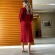 Vestido De Tricot Mousse Midi Forma Geométrica Corrente Nas Mangas - Vermelho
