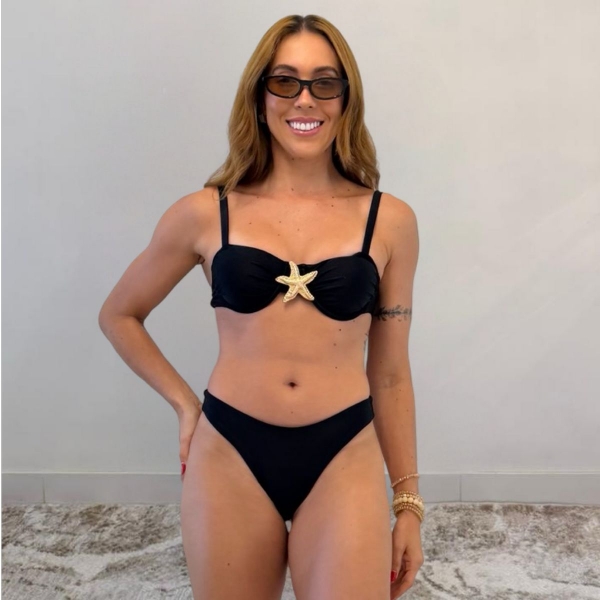 Kit 03 itens Biquíni Com Saída D Praia Longa Estrela Do Mar - Preto