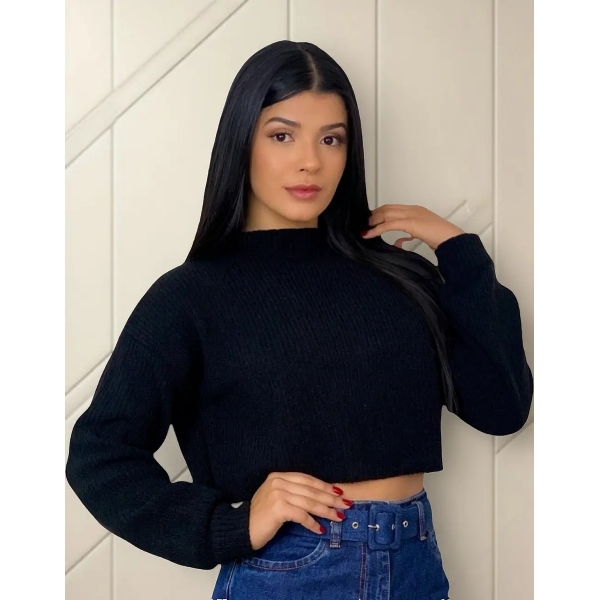 Blusa Cropped Mousse Feminina Elly Modas Manga Longa Inverno - Preto