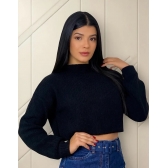 Blusa Cropped Mousse Feminina Elly Modas Manga Longa Inverno - Preto