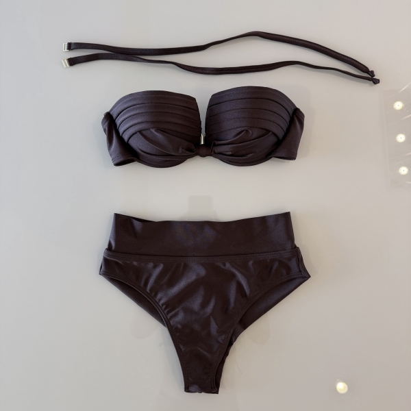Kit 3 Itens Biquini Cintura Alta Top 2 Em 1 Bojo Estruturado - Marrom