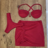 Kit 03 Itens Biq Aro V Canelado Calcinha Asa Delta e Saia - Vermelho