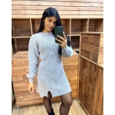 Vestido De Tricot Mousse Curto Com Fenda - Cinza
