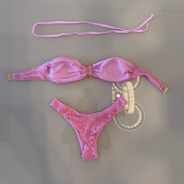 Conjunto De Biquini 3 Peças Em Renda + Saia Com Franja - Rosa