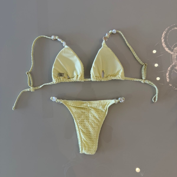 Kit Biquíni Calças + Top Cortininha E Calcinha Empina Bumbum - Amarelo Manteiga