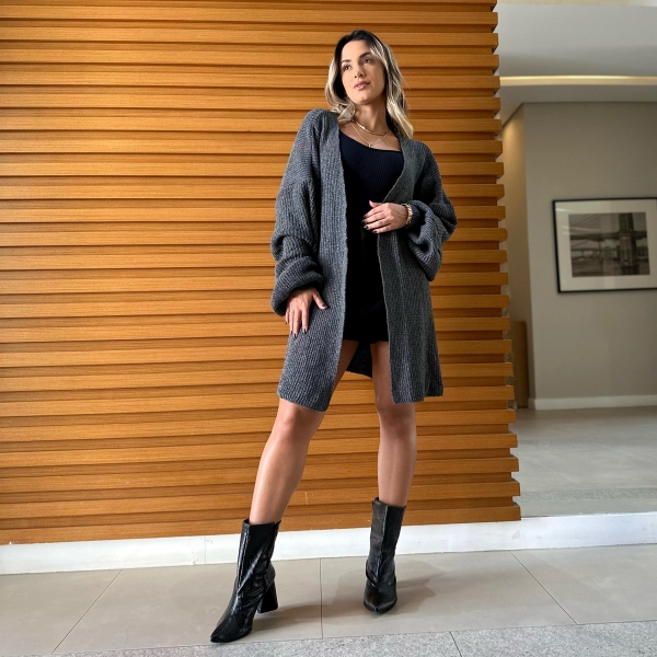 Novo Cardigan Tricot Mousse Liso Básico - Grafite