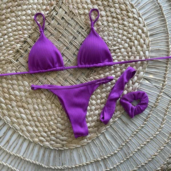 Biquíni Cortininha Com Faixa De Cabelo E Prendedor - Roxo