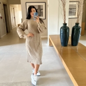 Vestido De Tricot Graça Canelado Midi Com Fendas - Bege