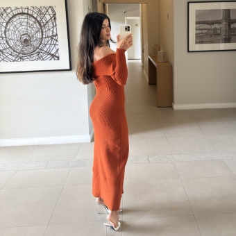 Vestido Modal Canelado Ombro a Ombro Midi com Manga Longa