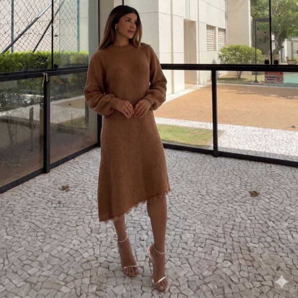 Vestido Tricot Mousse Feminino com Renda – Manga Longa - Caramelo