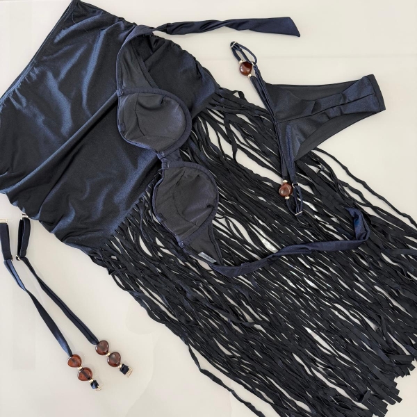 Triquini Saia Franja Longa Top E Calcinha Com Pedraria - Preto