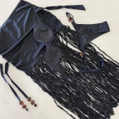 Triquini Saia Franja Longa Top E Calcinha Com Pedraria - Preto