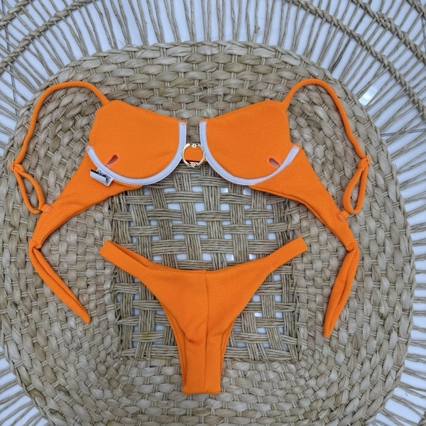 Biquíni Meia Taça Bojo Estruturado E Detalhe Central Dourado - Laranja