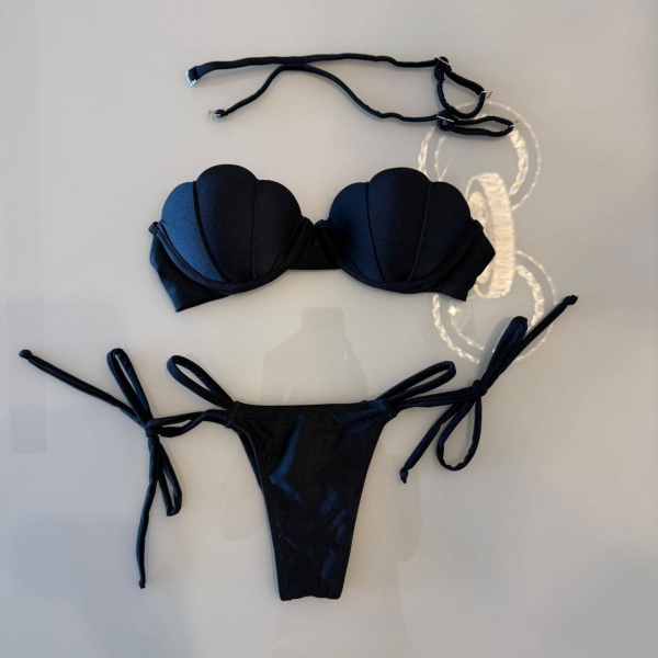 Biquíni Top Concha Calcinha Fio Duplo Com Amarrações - Preto