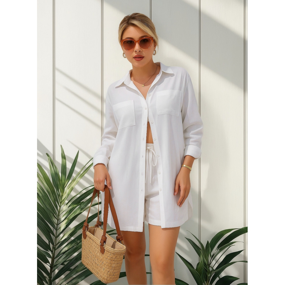Conjunto Saída De Praia Viscolinho Blusa Manga Longa + Sh - Branco