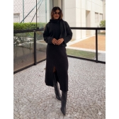 Conjunto Tricot Blusa com Cachecol Fixo Saia Midi com Fenda - Preto