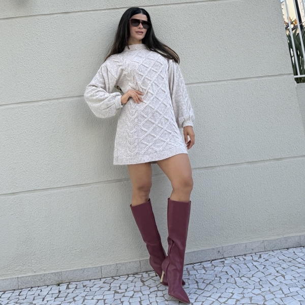 Vestido Curto Tricot Mousse com Trama Trancada e Manga Longa - Mescla